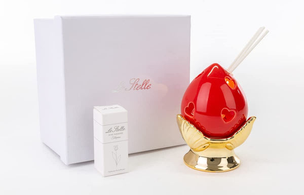Profumatore pumo pugliese led in porcellana rosso e oro moderno elegante complemento d'arredo ST 54261