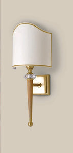 Applique da parete classico a 1 luce in ottone oro antico e cristalli molati con paralume in tessuto avorio con bordino oro PR 7008/A20