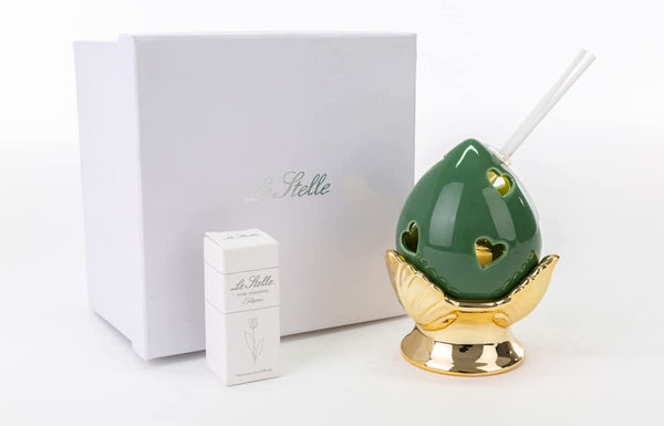 Profumatore pumo pugliese led in porcellana verde e oro moderno elegante complemento d'arredo ST 54262