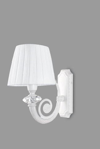Applique da parete moderno a 1 luce in fusione di ottone laccato bianco con cristalli molati trasparenti e paralume nastrato in crépon bianco PR 7081/A1