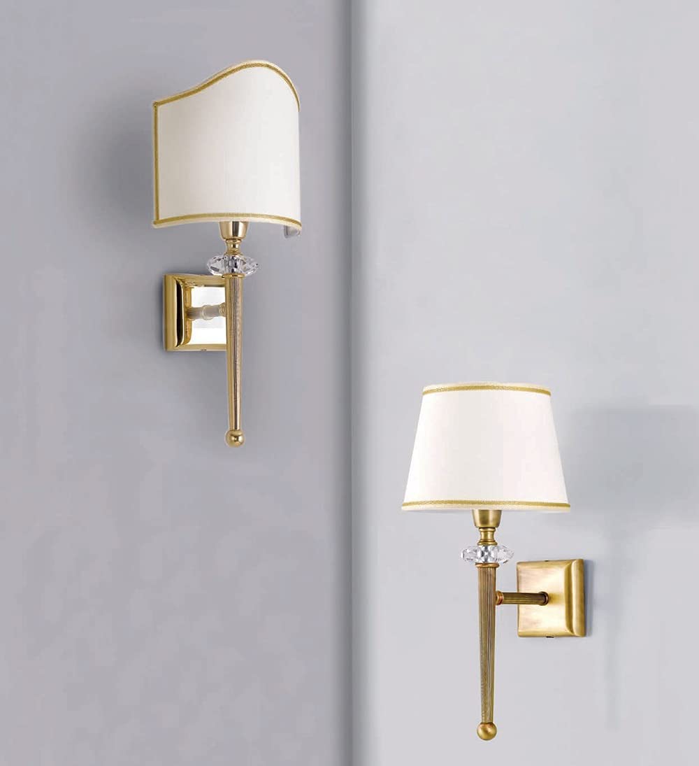 Applique da parete classico a 1 luce in ottone oro lucido e cristalli molati con paralume in tessuto avorio con bordino oro PR 7009/A16
