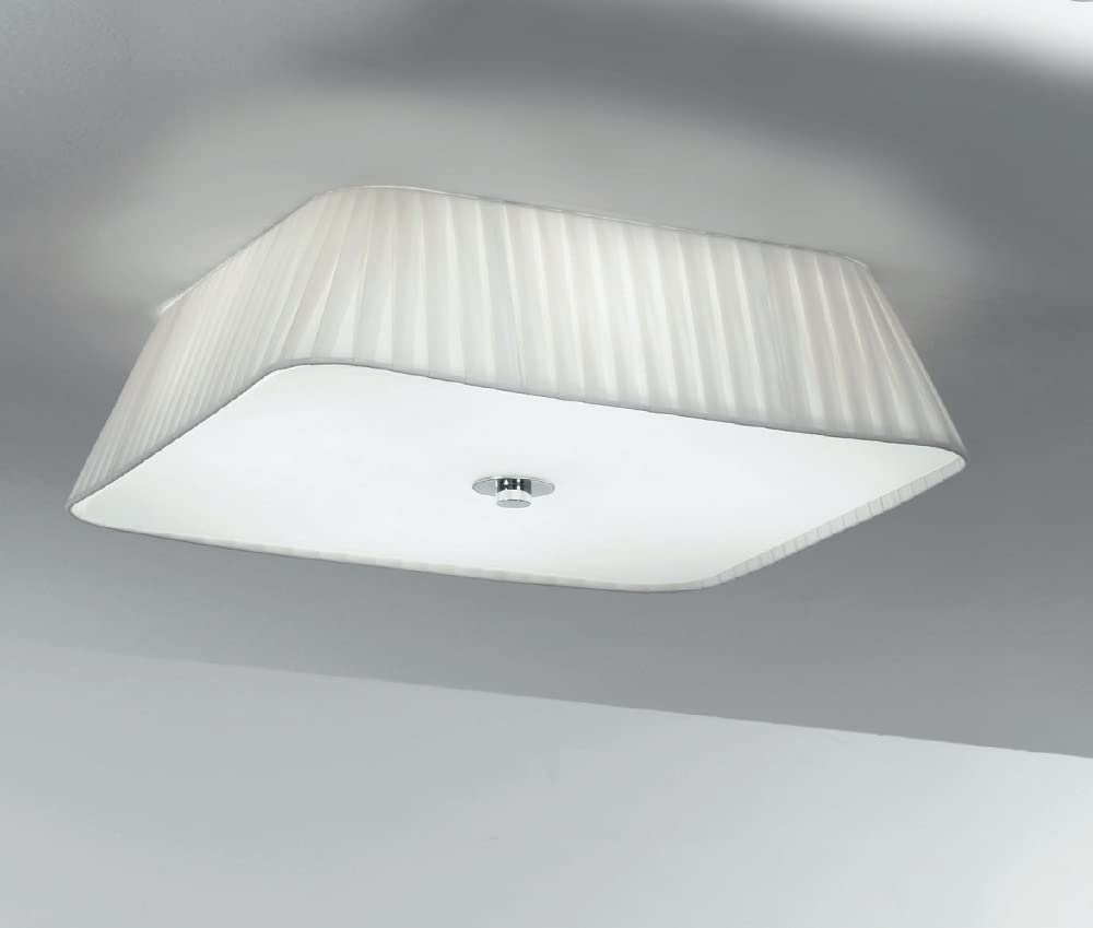 Plafoniera soffitto moderna a 4 luci in metallo cromo con paralume nastrato bianco PR (Larghezza: 55x55cm art 6778/P55)