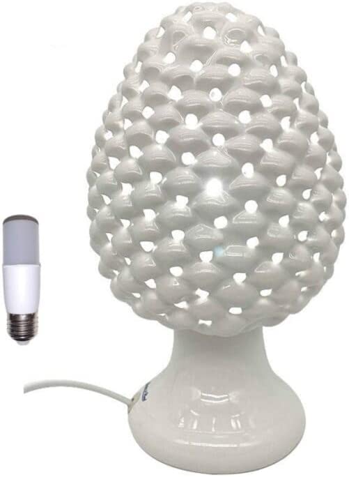 Lampada pigna in ceramica moderna realizzata e decorata a mano bianca gdm art 21021PW