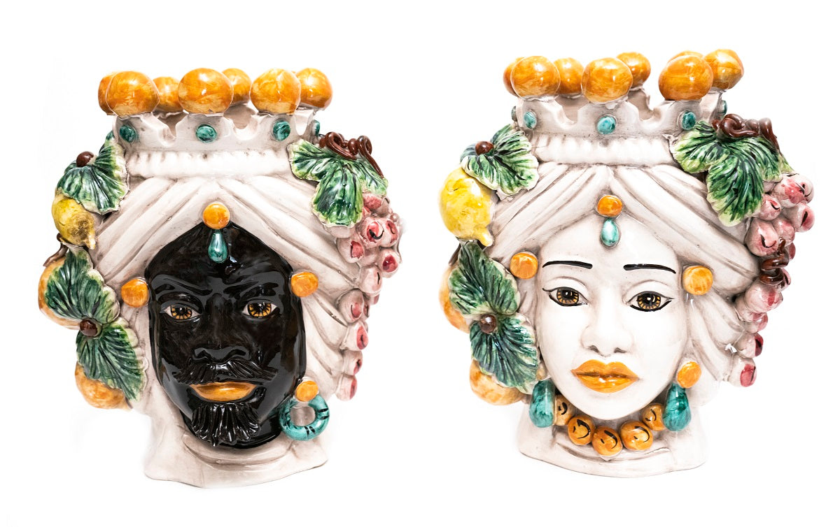 Pair of Sicilian ceramic Moor's heads from Caltagirone h30cm art. grape 