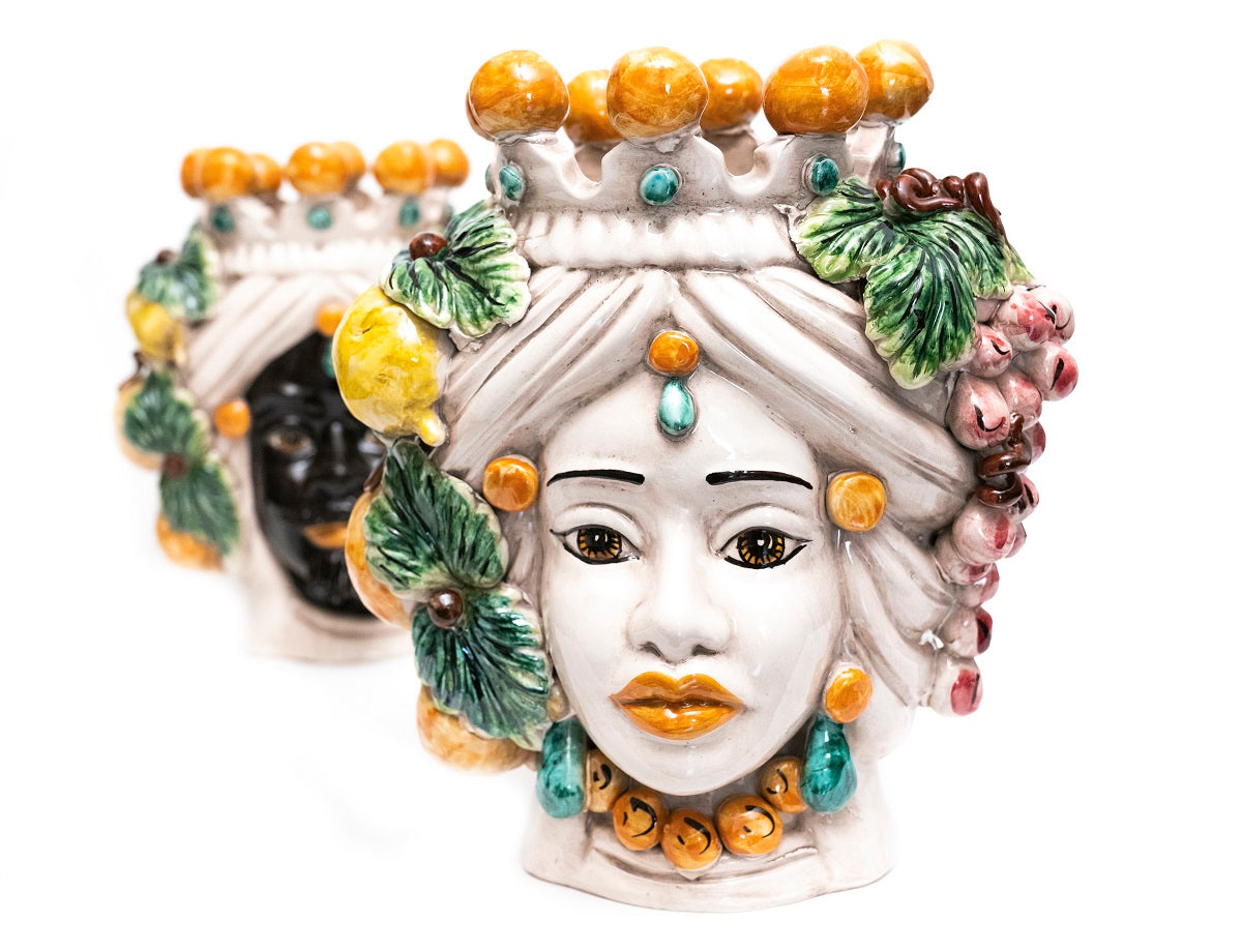 Pair of Sicilian ceramic Moor's heads from Caltagirone h30cm art. grape 