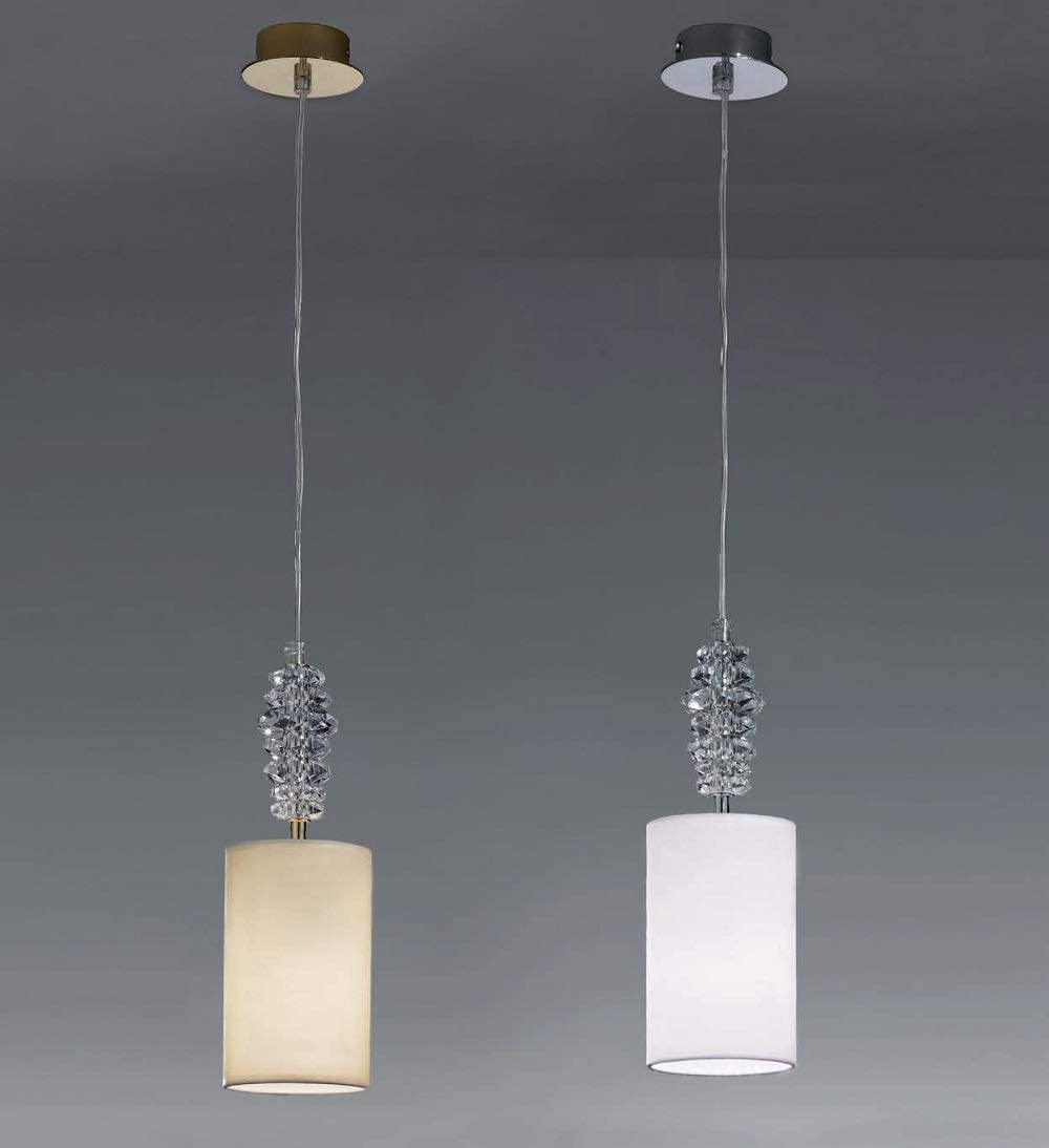 Lampadario a sospensione moderno a 1 luce in ottone cromo/oro lucido con cristalli trasparenti e paralume di forma cilindrica panna/avorio PR 6775/S1 (Oro lucido paralume avorio)