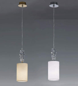 Lampadario a sospensione moderno a 1 luce in ottone cromo/oro lucido con cristalli trasparenti e paralume di forma cilindrica panna/avorio PR 6775/S1 (Oro lucido paralume avorio)