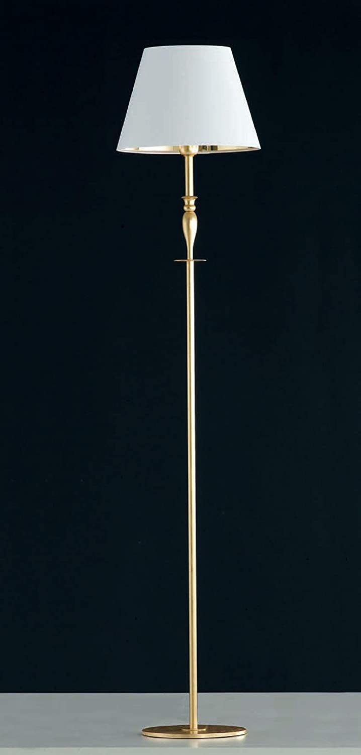 Piantana lampada da terra moderna a 1 luce in metallo e particolari in fusioni di ottone foglia oro con paralume in tessuto bianco con interno laminato oro PR 7012/T