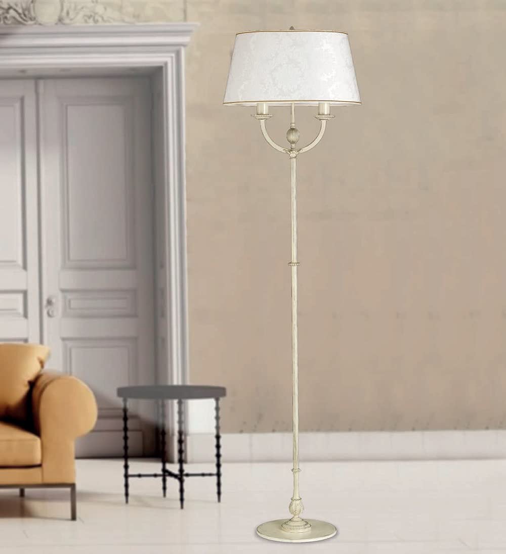 Piantana lampada da terra classica a 2 luci in ottone avorio decapato oro con fregi decorativi in fusione di ottone e paralume damascato panna PR 6943/T