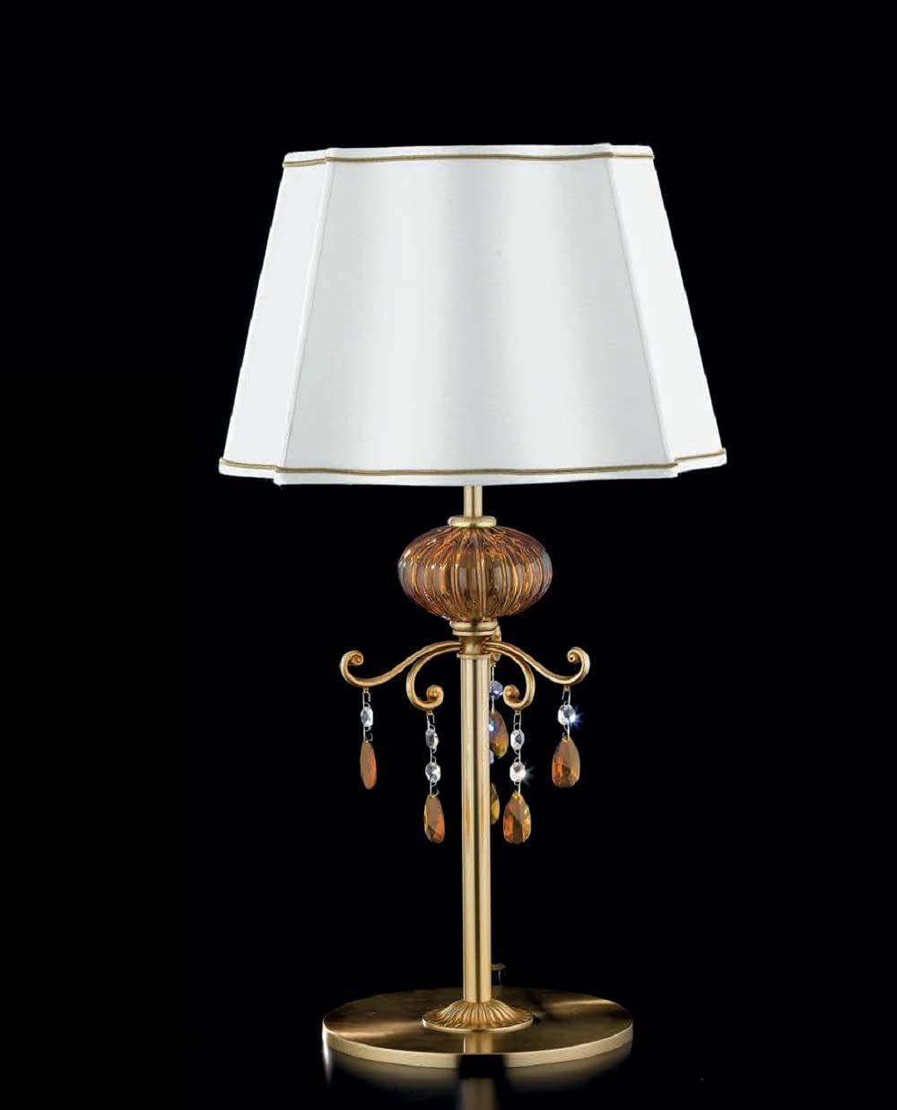 Lume grande classico a 1 luce in ottone oro satinato con dettagli in oro antico, vetro di murano e pendenti color topazio con paralume in seta avorio chiaro PR 6836/LG