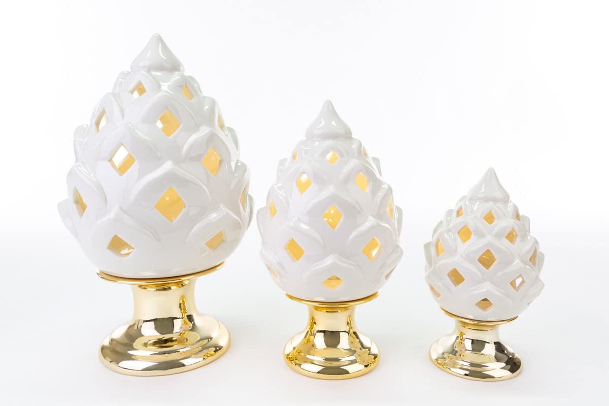 Mondocreazioni Pigna LED in Porcellana Bianco e Oro Classico Elegante complemento d'arredo ST 54269