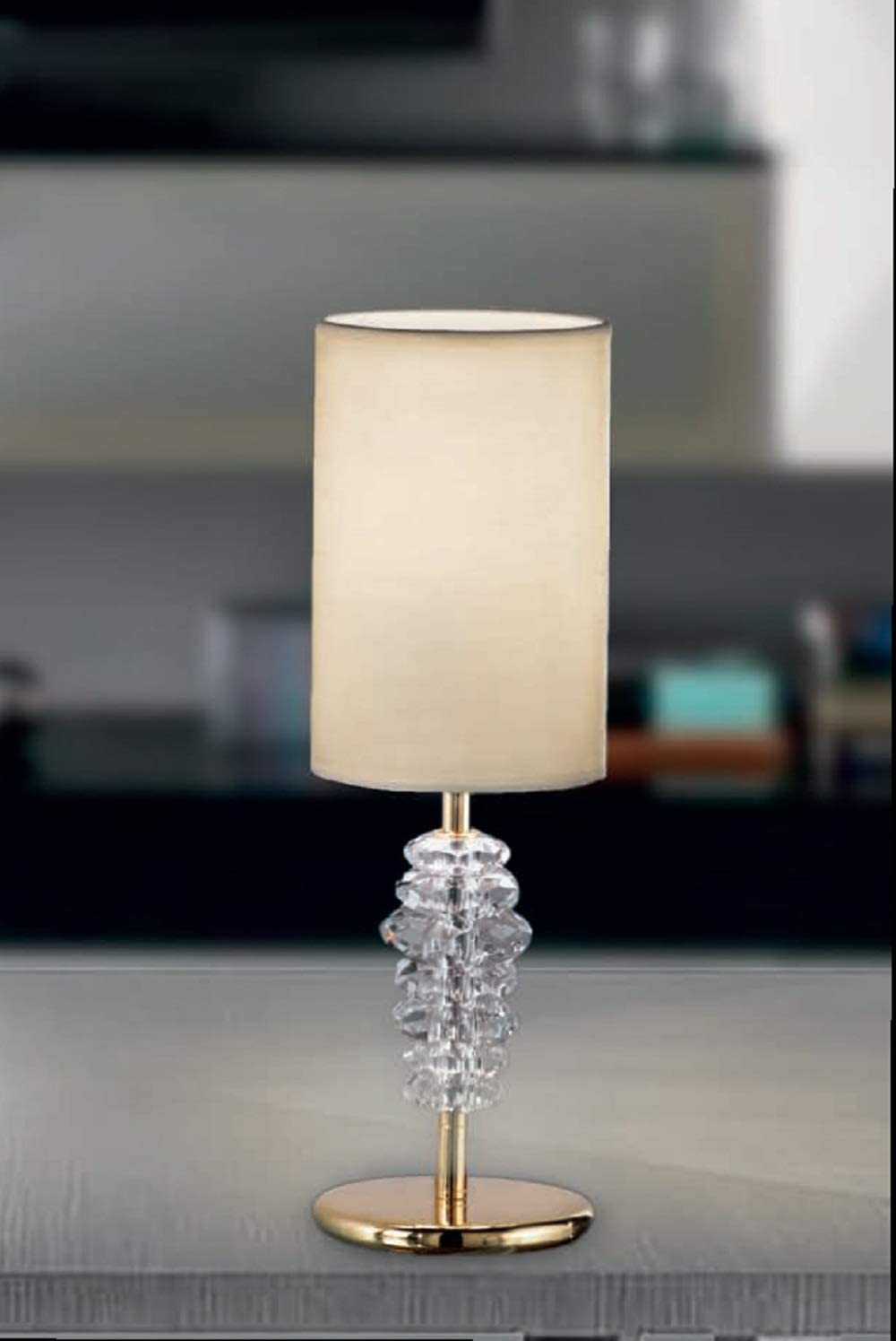 Lumetto da comodino moderno a 1 luce in ottone oro lucido con cristalli trasparenti e paralume di forma cilindrica avorio PR 6776/LP