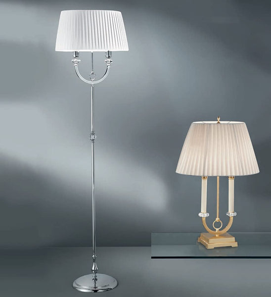 Lume grande classico a 2 luci in ottone oro satinato con cristalli molati trasparenti e paralume nastrato avorio PR 6769/L2