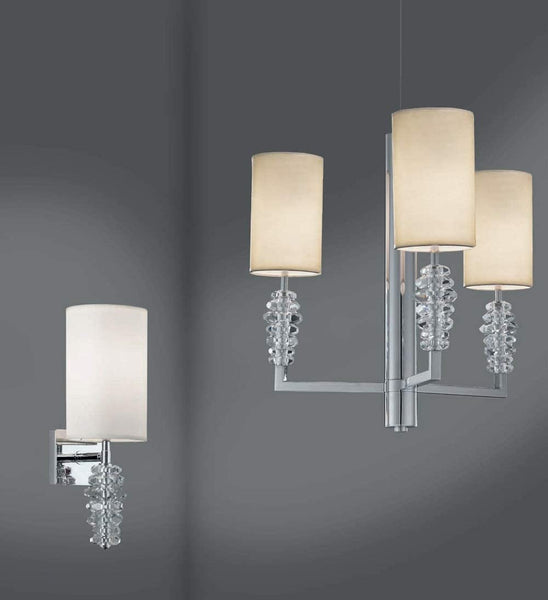 Applique da parete moderno a 1 luce in ottone cromo con cristalli trasparenti e paralume di forma cilindrica panna PR 6777/A1