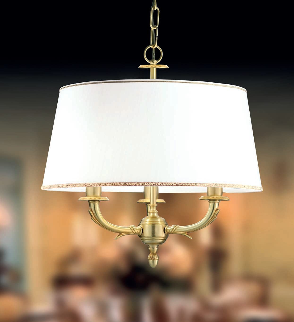 Lampadario a sospensione classico a 3 luci in ottone oro antico con paralume di stoffa avorio chiaro PR 6760/S3