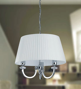Lampadario a sospensione moderno a 3 luci in ottone cromo con cristalli molati trasparenti e paralume nastrato bianco PR 6937/S50