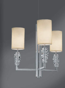 Lampadario moderno a 3 luci in ottone cromo con cristalli trasparenti e paralumi di forma cilindrica avorio PR 6775/3