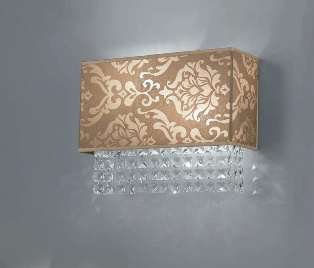 Applique da parete classico a 2 luci in metallo oro lucido con cristalli molati e paralume in tessuto royal nocciola PR 6882/A35