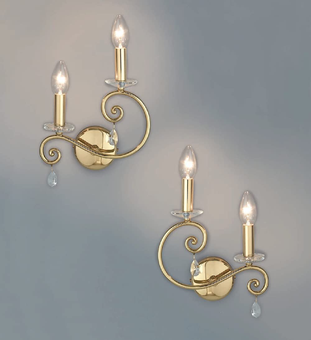 Applique da parete classico a 2 luci in metallo oro lucido con cristalli molati trasparenti PR (Destro art 6923/A2dx)