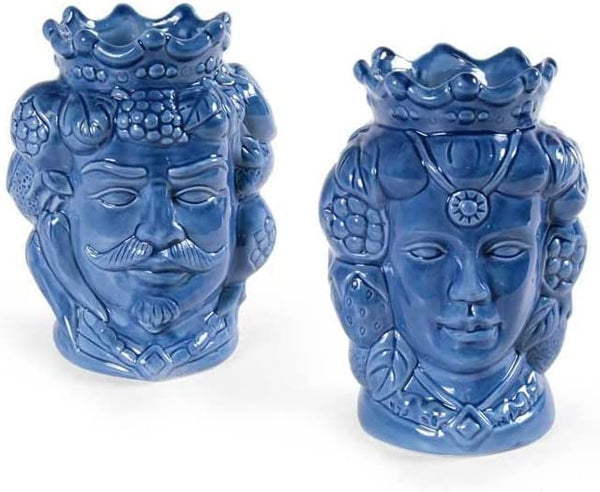 Coppia teste di moro vasetti piccoli in ceramica soprammobili per la casa giardino gic (Blu 836053)
