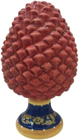 Modern decorative ceramic pine cone with decorated base hand made red Sicilian style gdm art 21002PR 