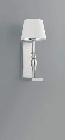 Applique da parete moderno a 1 luce in metallo e particolari in fusioni di ottone foglia argento con paralume in tessuto bianco con interno laminato cromo PR 7011/A