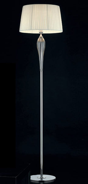Piantana lampada da terra moderna a 1 luce in metallo cromo con cristalli molati trasparenti e paralume nastrato avorio PR 6907/T