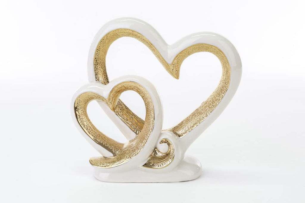 Mondocreazioni Intertwined Hearts in White and Gold Porcelain Glossy Porcelain Ornaments ST 54250 