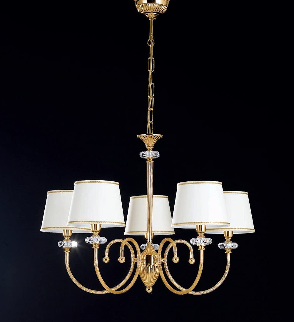 Lampadario classico a 5 luci in ottone oro lucido e cristalli molati con paralumi in tessuto avorio con bordino oro PR 7001/5