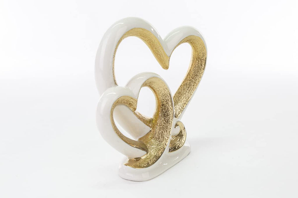 Mondocreazioni Intertwined Hearts in White and Gold Porcelain Glossy Porcelain Ornaments ST 54250 