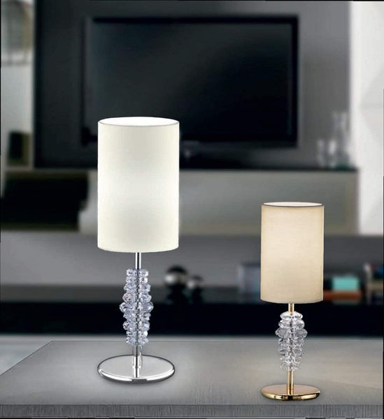 Lumetto da comodino moderno a 1 luce in ottone oro lucido con cristalli trasparenti e paralume di forma cilindrica avorio PR 6776/LP