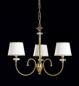 Lampadario classico a 3 luci in ottone bronzo e cristalli molati con paralumi in tessuto avorio con bordino oro PR 7000/3