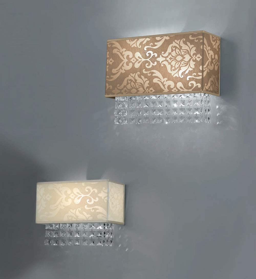 Applique da parete classico a 2 luci in metallo oro lucido con cristalli molati e paralume in tessuto royal nocciola PR 6882/A35
