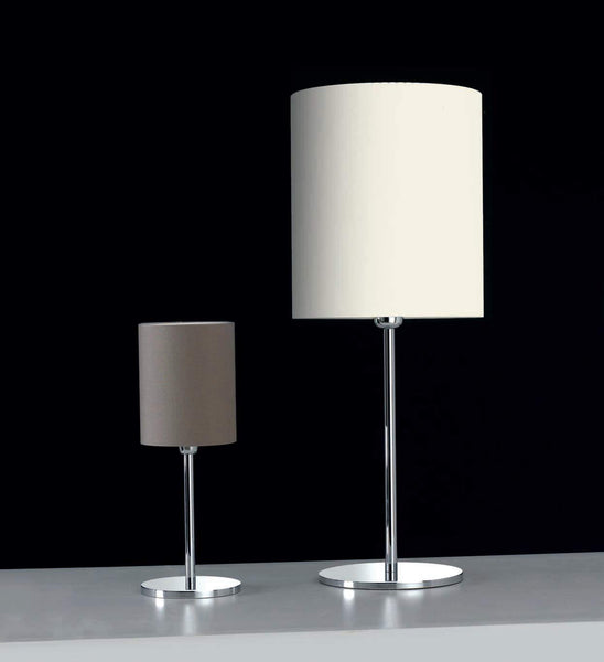 Lumetto da comodino moderno a 1 luce in metallo cromo con paralume cilindrico in tessuto tortora PR 6953/LP
