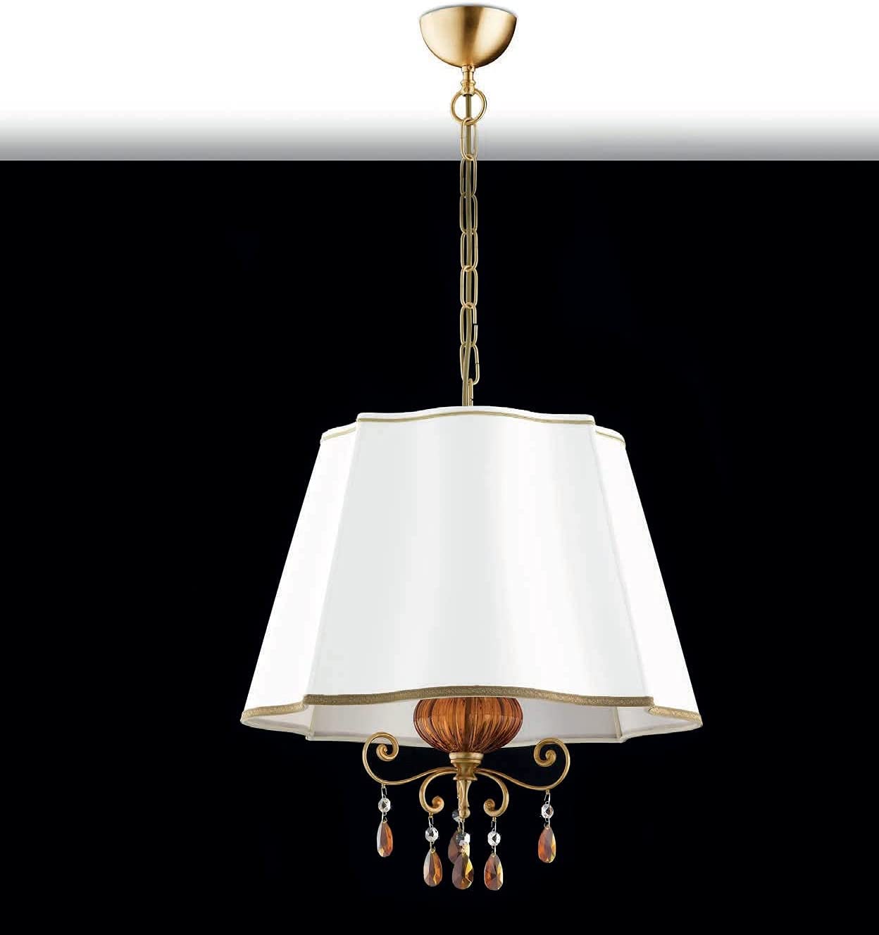 Lampadario a sospensione classico a 3 luci in ottone oro satinato con dettagli in oro antico, vetro di murano e pendenti color topazio con paralume in seta avorio chiaro PR 6832/S45