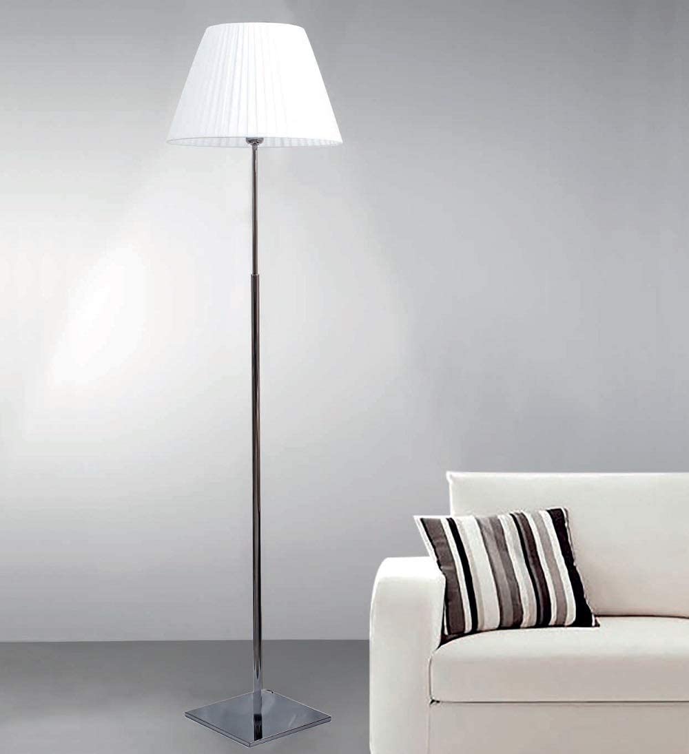 Piantana lampada da terra moderna a 1 luce in metallo cromo nero lucido con paralume nastrato bianco PR 6755/T