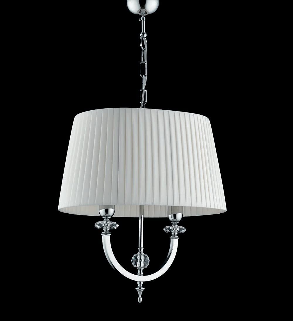 Lampadario a sospensione moderno a 2 luci in ottone cromo con cristalli molati trasparenti e paralume nastrato bianco PR 6774/S50