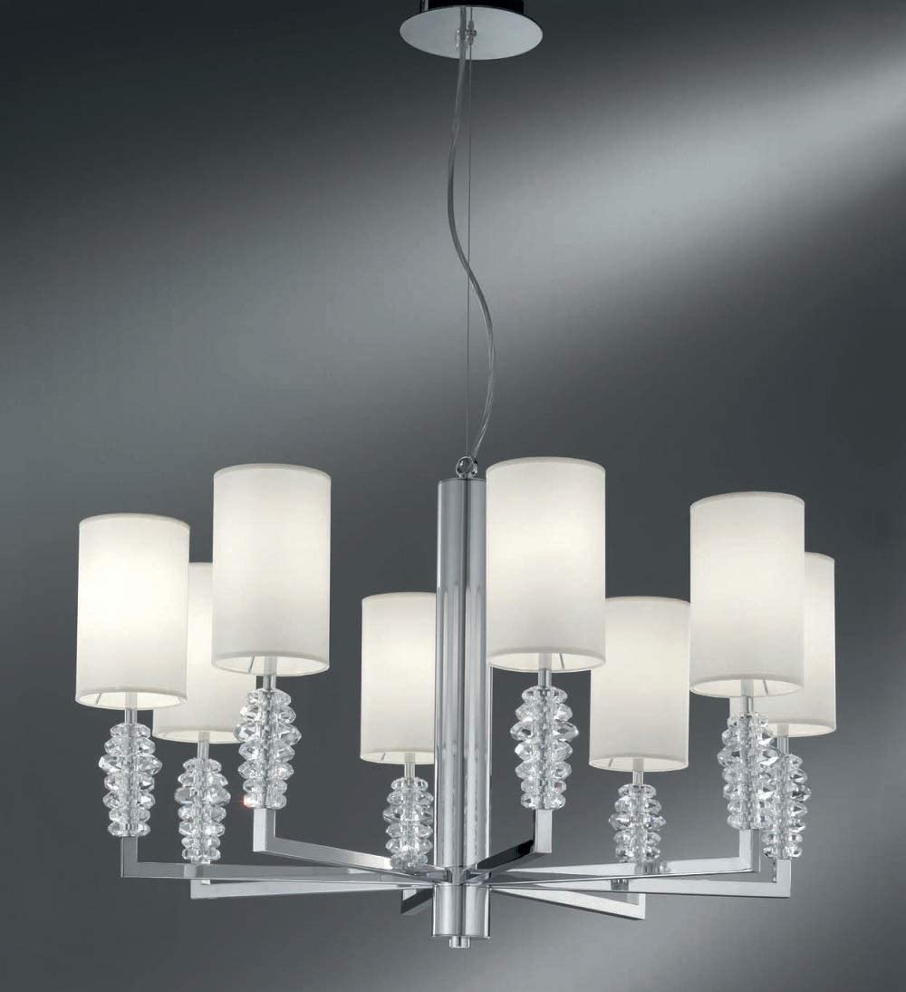 Lampadario moderno a 8 luci in ottone cromo con cristalli trasparenti e paralumi di forma cilindrica panna PR 6775/8