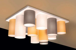 Plafoniera soffitto moderna a 12 luci in metallo laccato bianco opaco con paralumi in tessuto giallo oro, panna e tortora PR 6987/P12