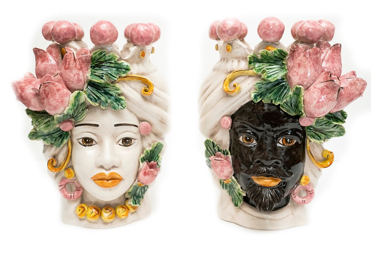 Coppia teste di moro in ceramica siciliana di Caltagirone h30cm art. tulipani rosa