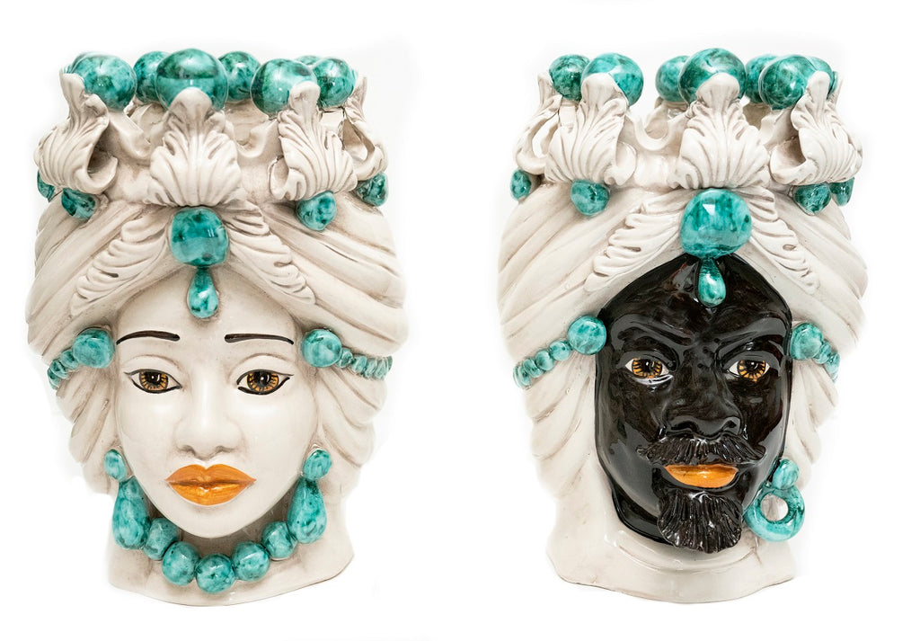 Pair of Sicilian ceramic Moor's heads from Caltagirone h30cm art. aquamarine 