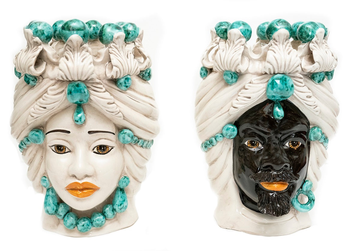 Pair of Sicilian ceramic Moor's heads from Caltagirone h30cm art. aquamarine 