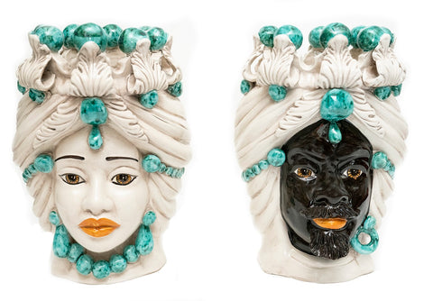 Coppia teste di moro in ceramica siciliana di Caltagirone h30cm art. verde acqua