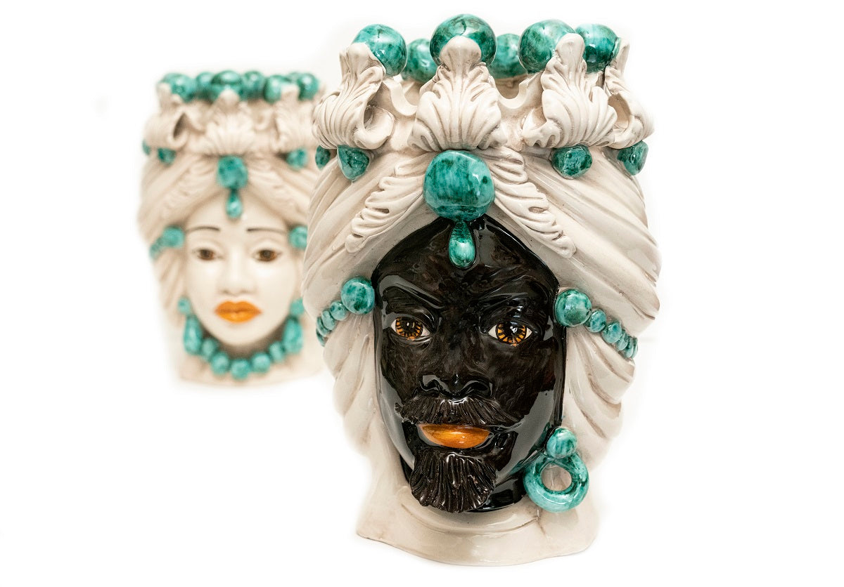 Pair of Sicilian ceramic Moor's heads from Caltagirone h30cm art. aquamarine 