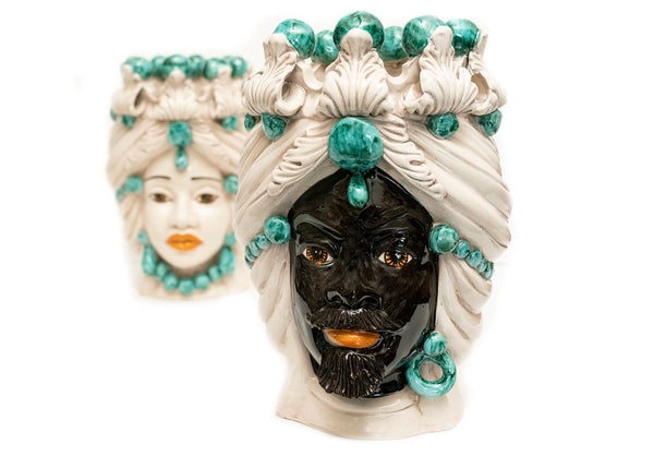Coppia teste di moro in ceramica siciliana di Caltagirone h30cm art. verde acqua