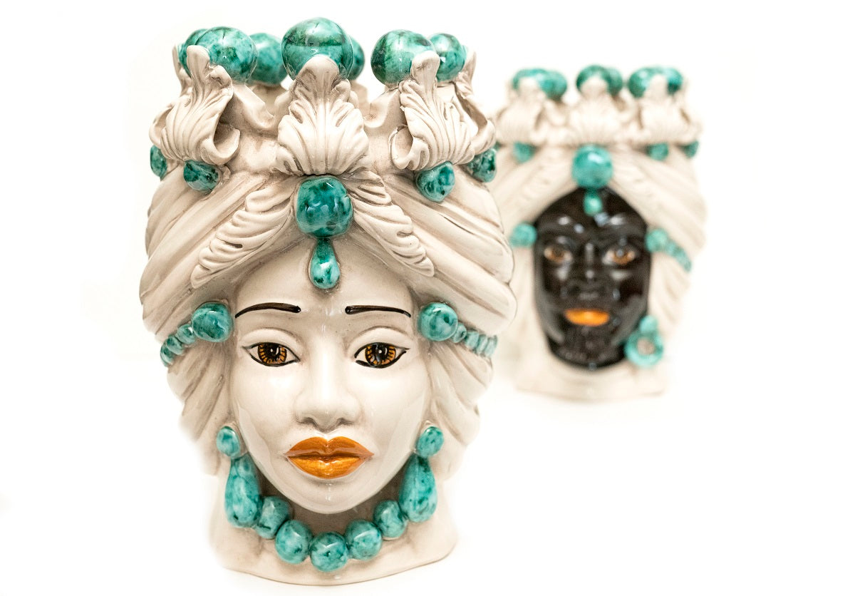 Pair of Sicilian ceramic Moor's heads from Caltagirone h30cm art. aquamarine 