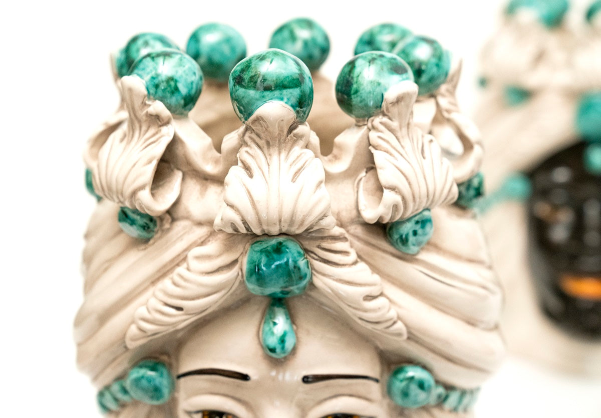 Pair of Sicilian ceramic Moor's heads from Caltagirone h30cm art. aquamarine 