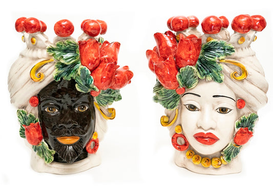 Coppia teste di moro in ceramica siciliana di Caltagirone h30cm art. tulipani rossi