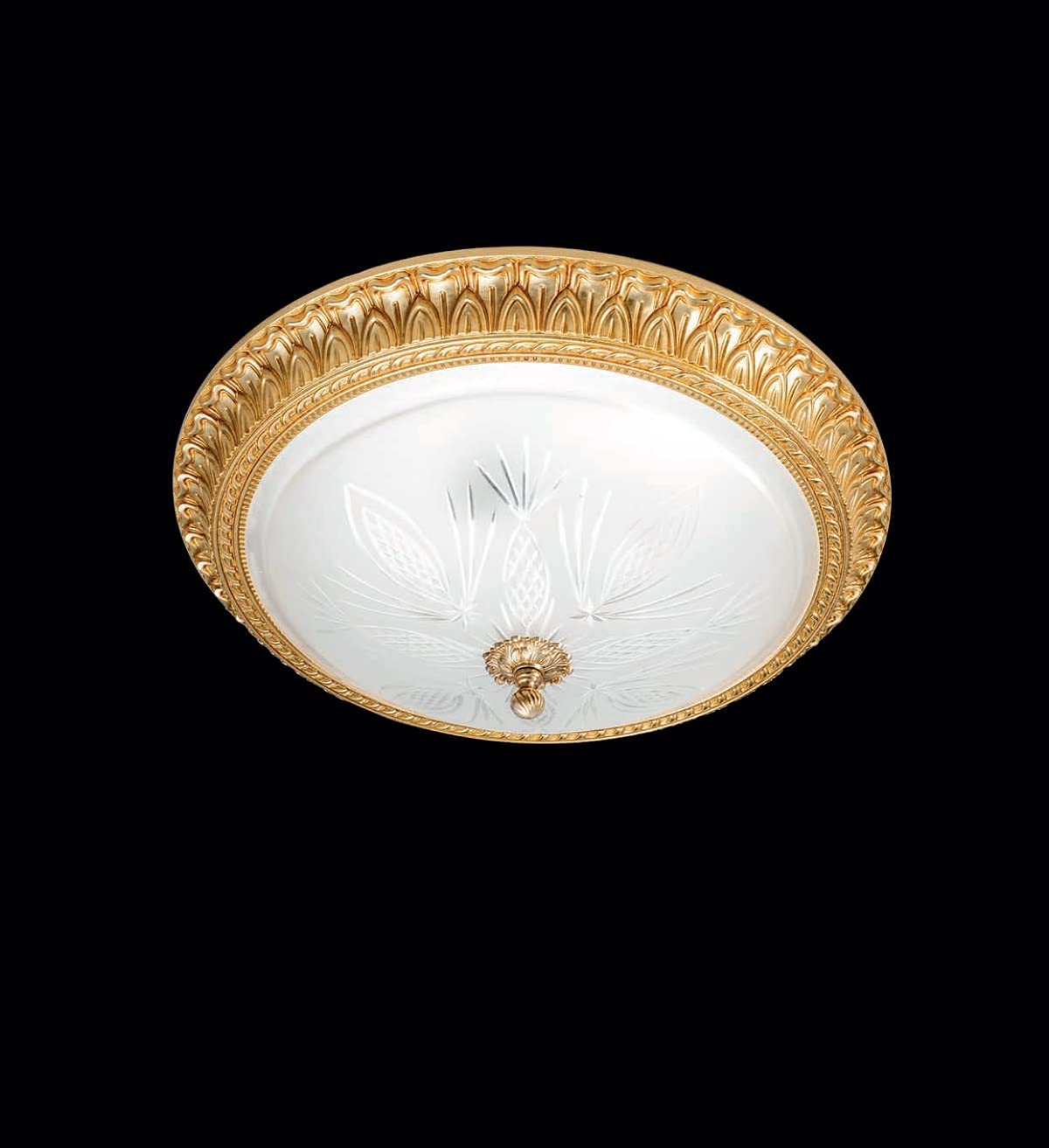 Plafoniera soffitto classica a 3 luci in fusione d’ottone oro lucido con vetro satinato inciso PR (Diametro 40cm art 7073/P40)