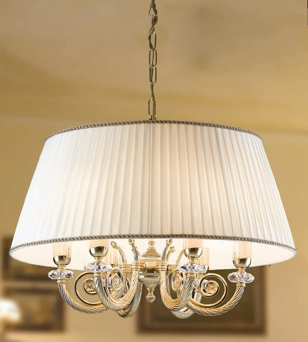 Lampadario a sospensione classico a 6 luci in fusione di ottone oro lucido con cristalli molati trasparenti e paralume plissettato avorio foderato internamente PR 6910/S65